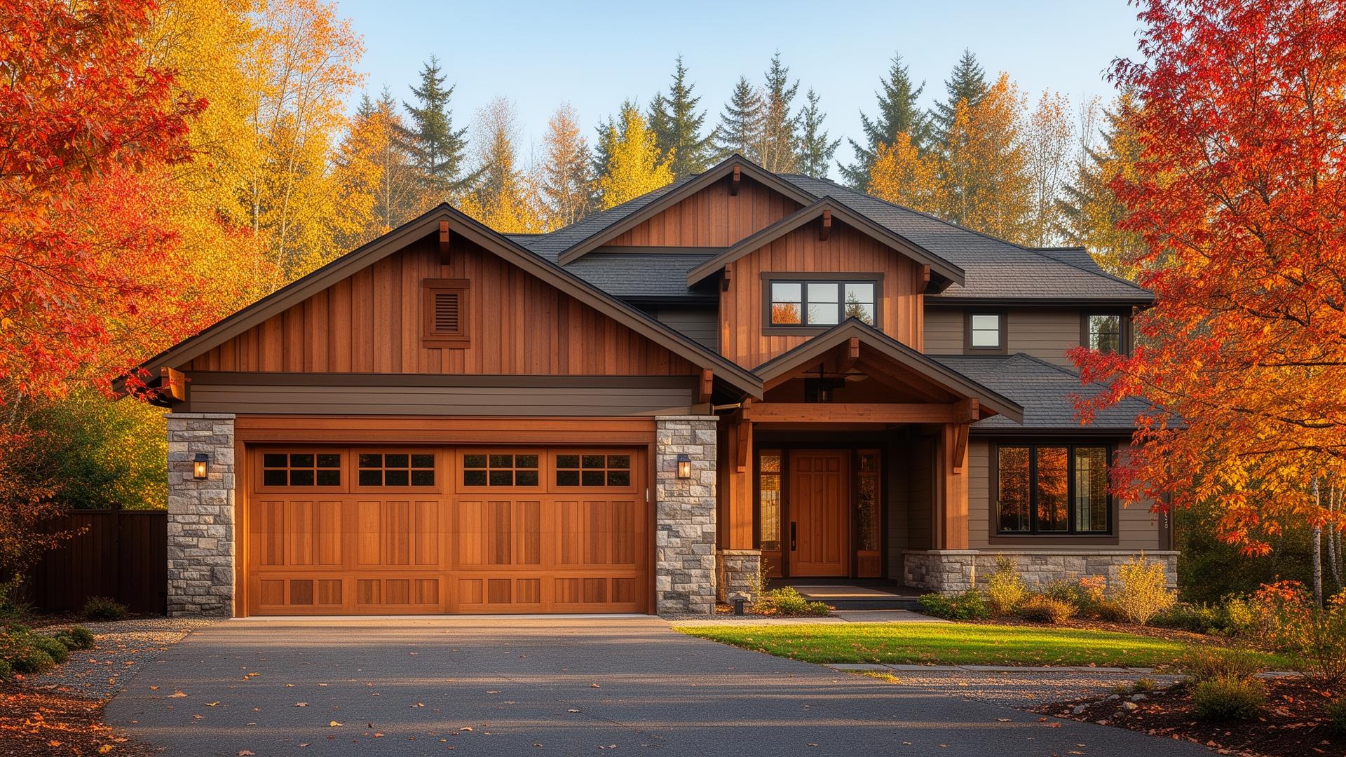 Beautiful Tuscan-inspired garage door with stone surround on modern home